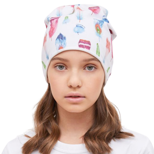 81136 Girls' Beanie with Watercolor Feather Print 🌈 Cotton Blend | Size 54–56 | Ages 6–12 | Spring & Summer