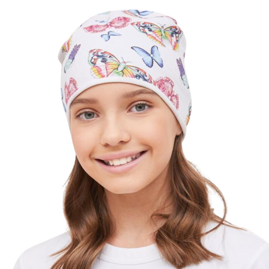 81134 Girls' White Beanie with Colorful Butterflies 🦋 Cotton Blend | Size 54–56 | Ages 6–12 | Spring & Summer