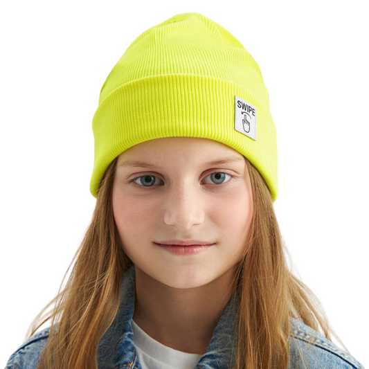 12049 Unisex Kids' Ribbed Cotton Beanie Hat with "Swipe" Patch | Spring & Fall | Ages 3–12