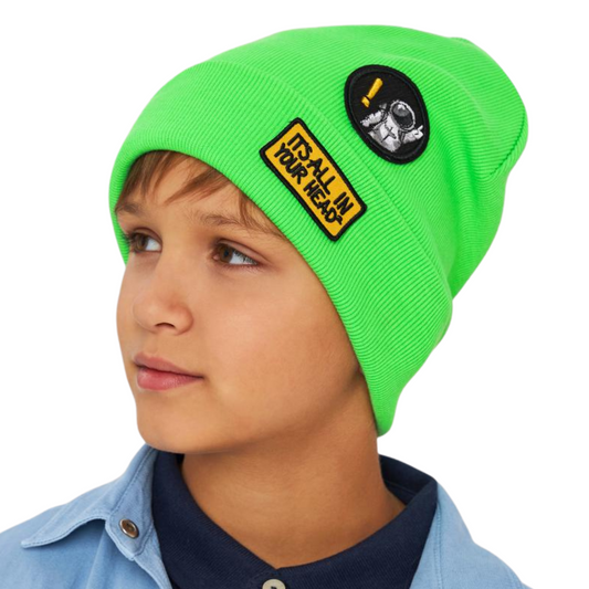 10983 Boys’ Neon Green Cotton Beanie with Space & Quote Patches – Size 54–56 | Spring & Summer Hat for Kids