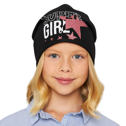 10891 Girls' Black Beanie "SUPER GIRL" with Glitter Stars ✨ Cotton Blend | Size 54–56 | Ages 6–12 | Spring & Summer