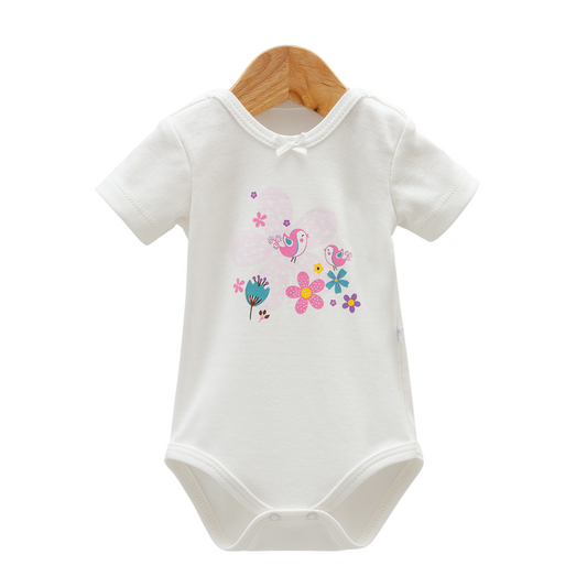 8202  Caramell Newborn Baby Girl Bodysuit with Short Sleeves –  Bird & Flower Print | 100% Cotton | Turkey | Sizes 0–9M