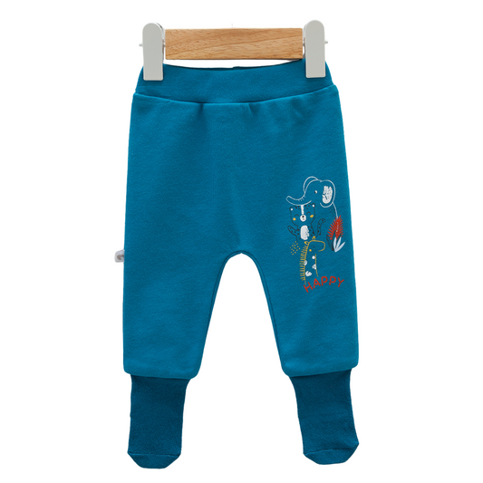 8213 Newborn Baby Boy Footed Pants with Knitted Bottom – Beige with "Happy" Animal Print | 100% Cotton | 0–6M | Turkey