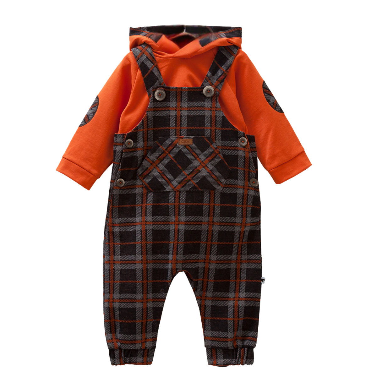 8474 Caramell Baby Boys’ Plaid Overall with Yellow Hoodie | 3–18 Months | Cotton | Turkey