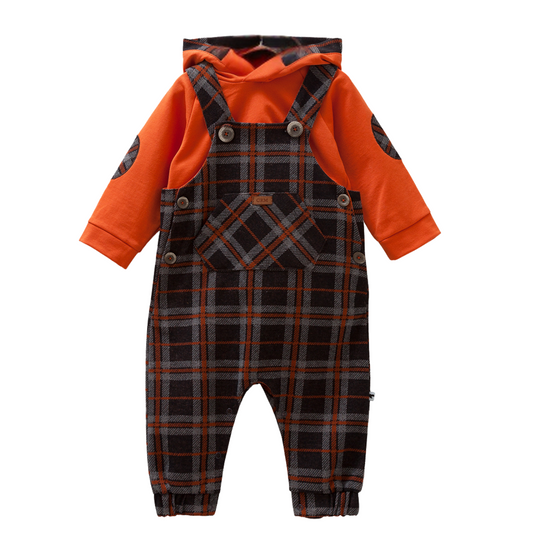 8474 Caramell Baby Boys’ Plaid Overall with Yellow Hoodie | 3–18 Months | Cotton | Turkey