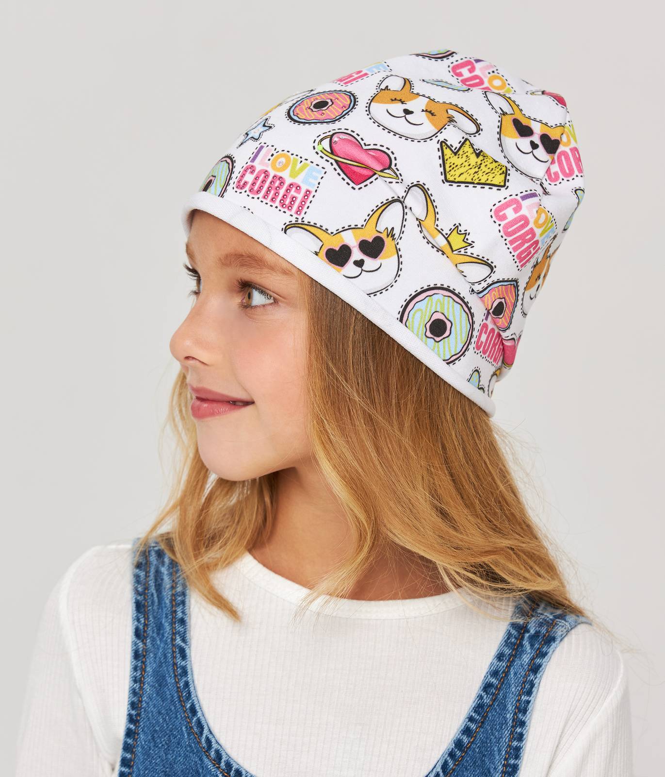 10883 Girls' Lightweight Corgi Print Beanie with Rhinestones 🐶 Cotton Blend | Size 52–54 | Ages 3–5 | Spring & Summer