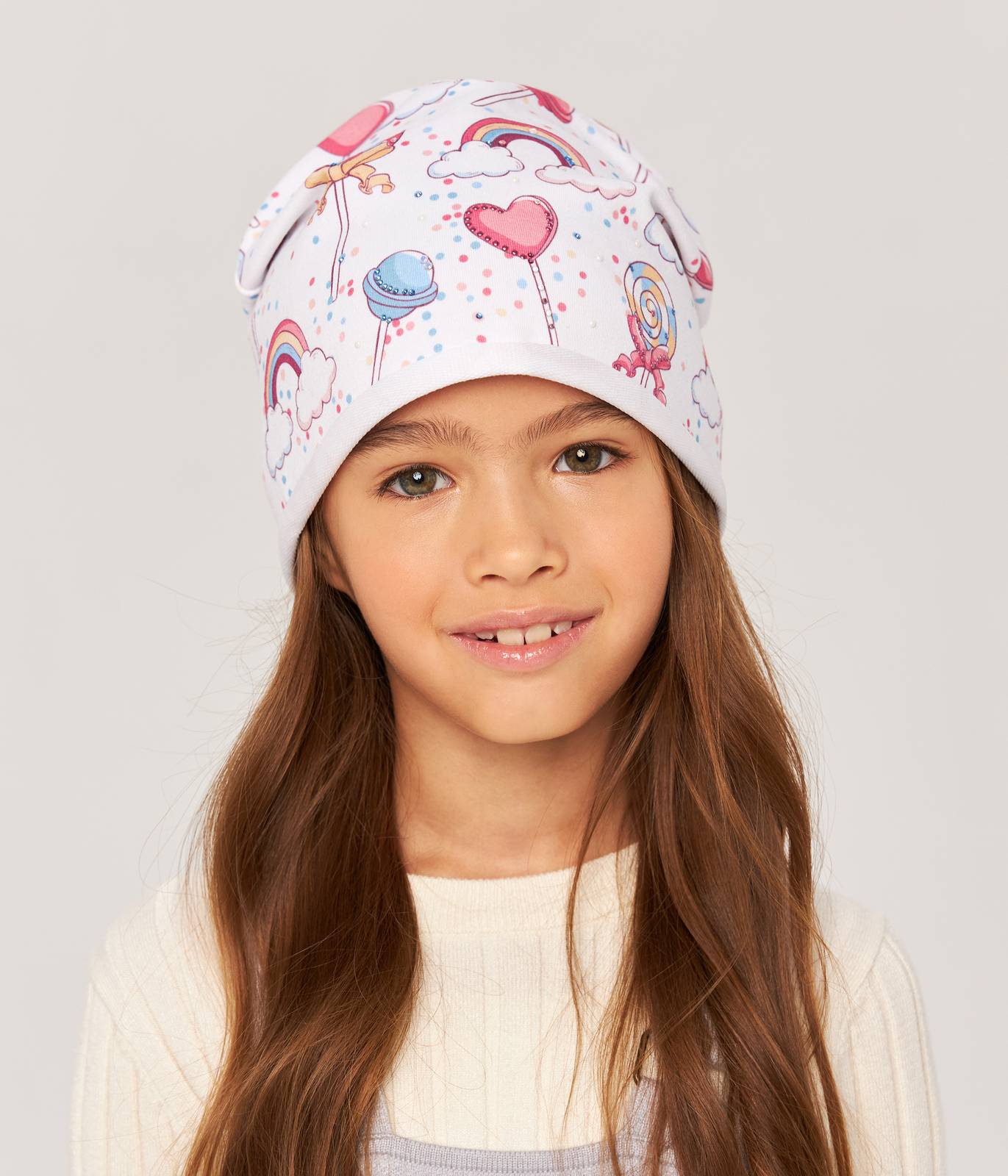 10876 Girls' Cotton Beanie with Balloons, Rainbows & Lollipops Print 🌈  Size 50–52 | Ages 18–36 Months | Spring & Autumn | White