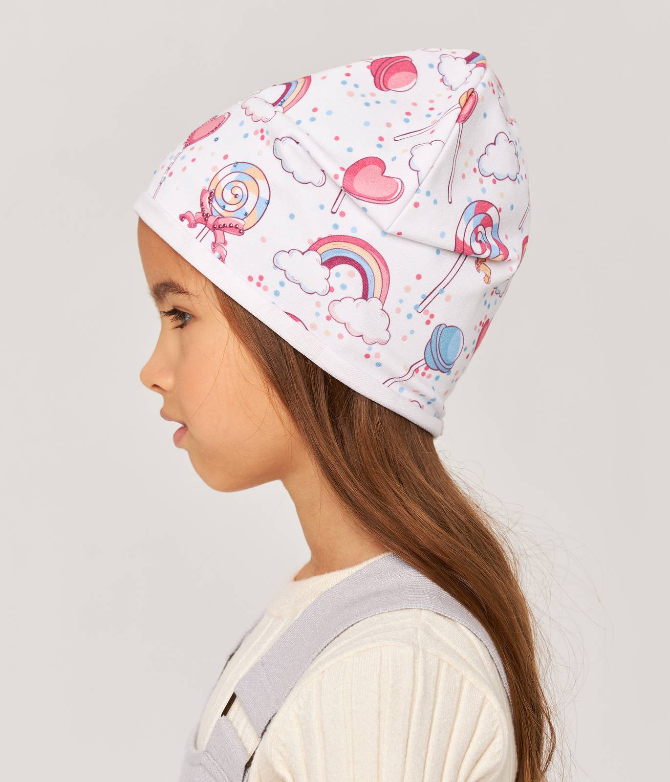 10876 Girls' Cotton Beanie with Balloons, Rainbows & Lollipops Print 🌈  Size 50–52 | Ages 18–36 Months | Spring & Autumn | White