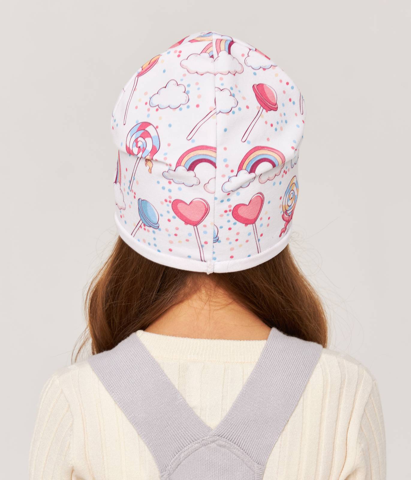 10876 Girls' Cotton Beanie with Balloons, Rainbows & Lollipops Print 🌈  Size 50–52 | Ages 18–36 Months | Spring & Autumn | White