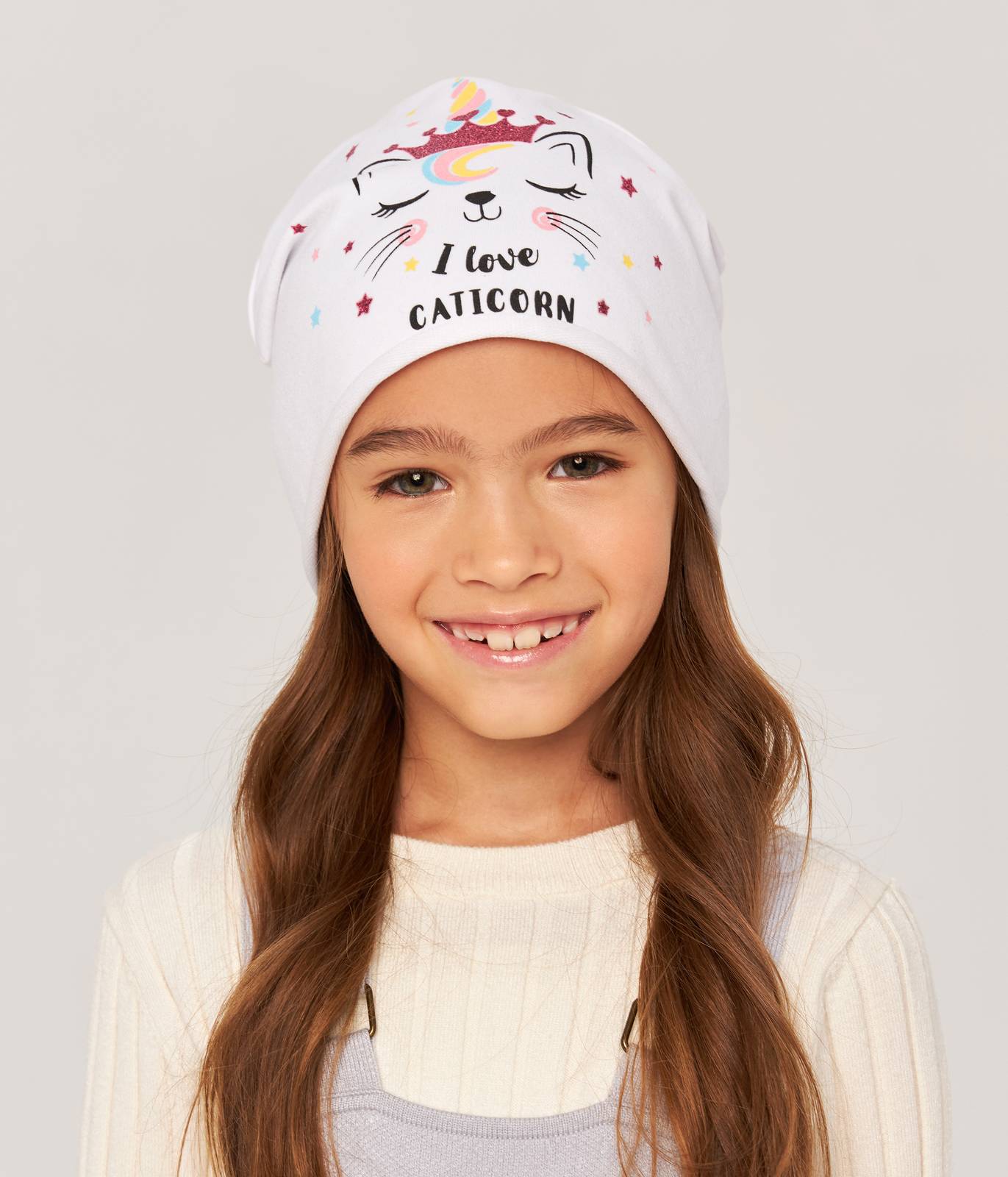10875 Girls' White Beanie "I Love Caticorn" – Cat Unicorn Print & Glitter Crown ✨ Size 50–52 | Ages 18–36 Months | Spring & Autumn | Cotton Blend