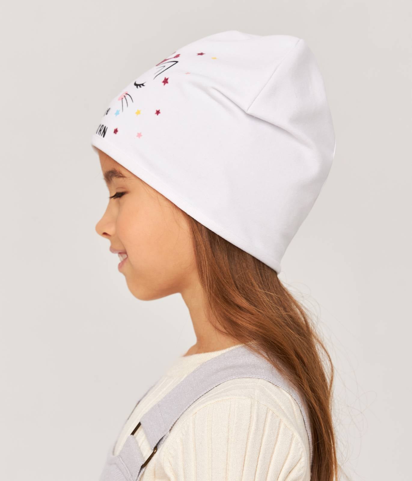 10875 Girls' White Beanie "I Love Caticorn" – Cat Unicorn Print & Glitter Crown ✨ Size 50–52 | Ages 18–36 Months | Spring & Autumn | Cotton Blend