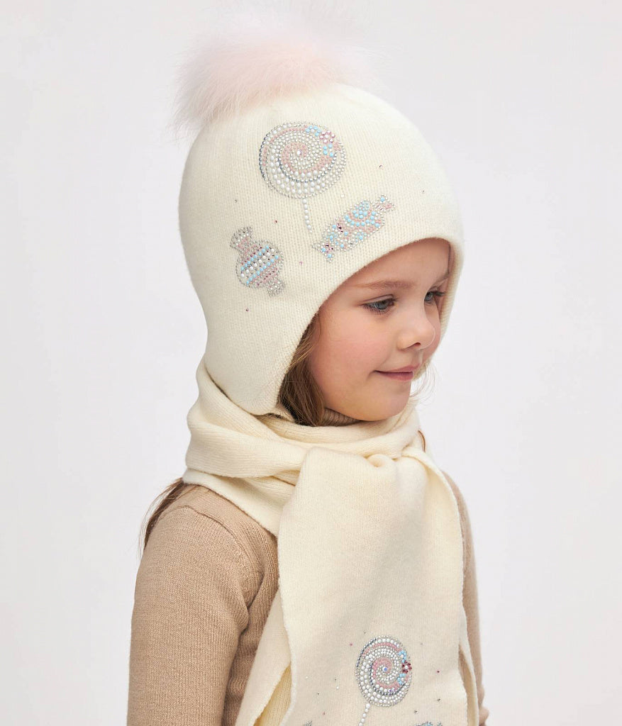 11287 Girls’ Winter Knit Hat with Natural Fur Pom-Pom & Rhinestone Candy Design | Size 52–54 cm | Ages 3–5 Years | Wool & Cashmere Blend | Cotton Lining