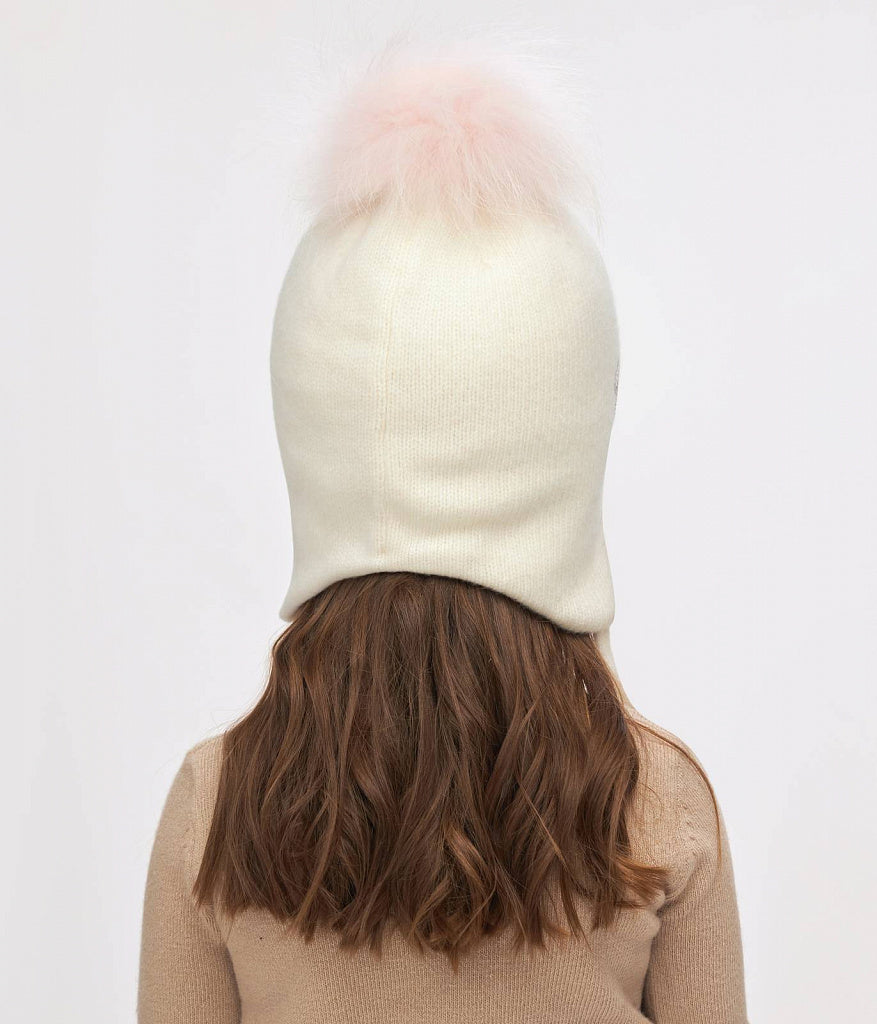 11287 Girls’ Winter Knit Hat with Natural Fur Pom-Pom & Rhinestone Candy Design | Size 52–54 cm | Ages 3–5 Years | Wool & Cashmere Blend | Cotton Lining