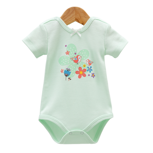 8202  Caramell Newborn Baby Girl Bodysuit with Short Sleeves –  Bird & Flower Print | 100% Cotton | Turkey | Sizes 0–9M