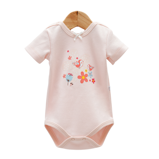8202  Caramell Newborn Baby Girl Bodysuit with Short Sleeves –  Bird & Flower Print | 100% Cotton | Turkey | Sizes 0–9M