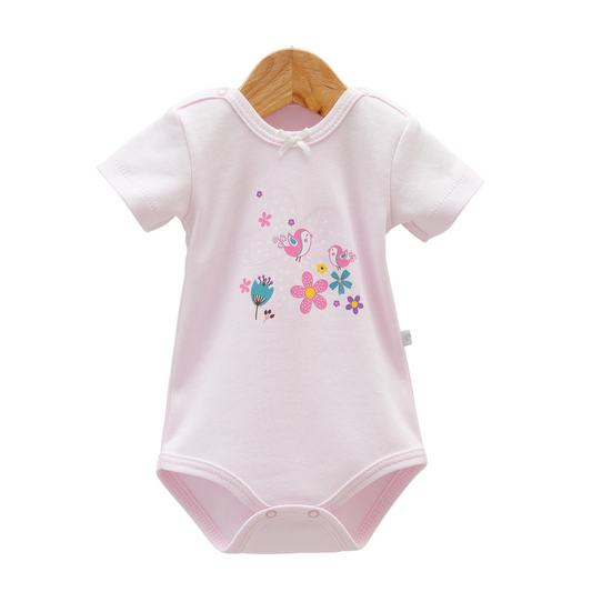 8202  Caramell Newborn Baby Girl Bodysuit with Short Sleeves –  Bird & Flower Print | 100% Cotton | Turkey | Sizes 0–9M