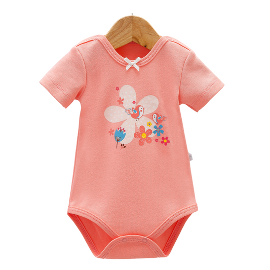 8202  Caramell Newborn Baby Girl Bodysuit with Short Sleeves –  Bird & Flower Print | 100% Cotton | Turkey | Sizes 0–9M