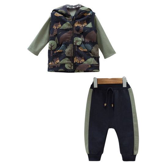 8251 Caramell Baby Boys’ 3-Piece Set – Forest Print Vest (with fleece lining), Long Sleeve Top & Pants (with fleece lining) | 3–18 Months | Cotton | Turkey