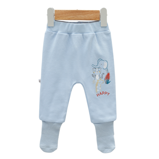 8213 Newborn Baby Boy Footed Pants with Knitted Bottom – Beige with "Happy" Animal Print | 100% Cotton | 0–6M | Turkey