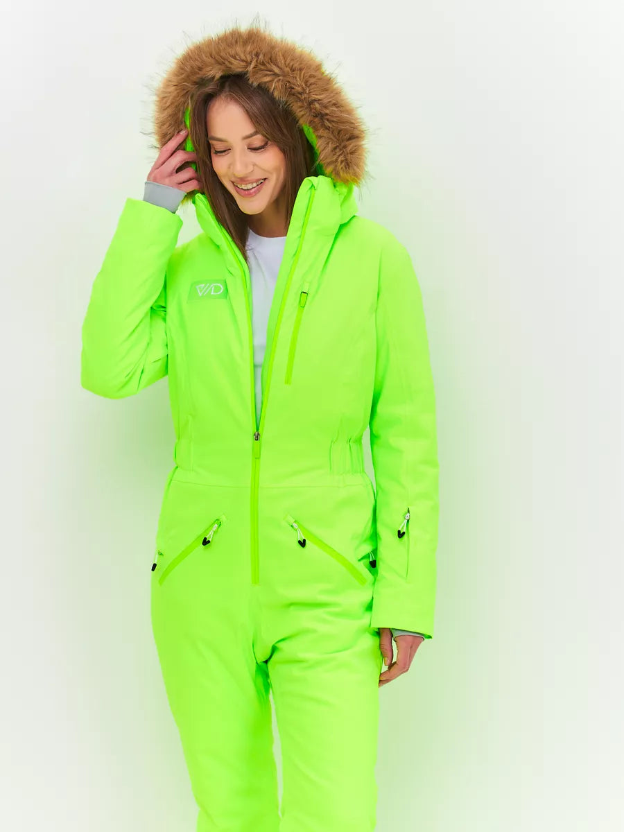 184313618 WHSROMA | Professional Ski Jumpsuit for Tall Teen Girls & Women | Neon Green with Faux Fur Hood | For Sports & Family Winter Activities | Up to −30°C (−22°F)