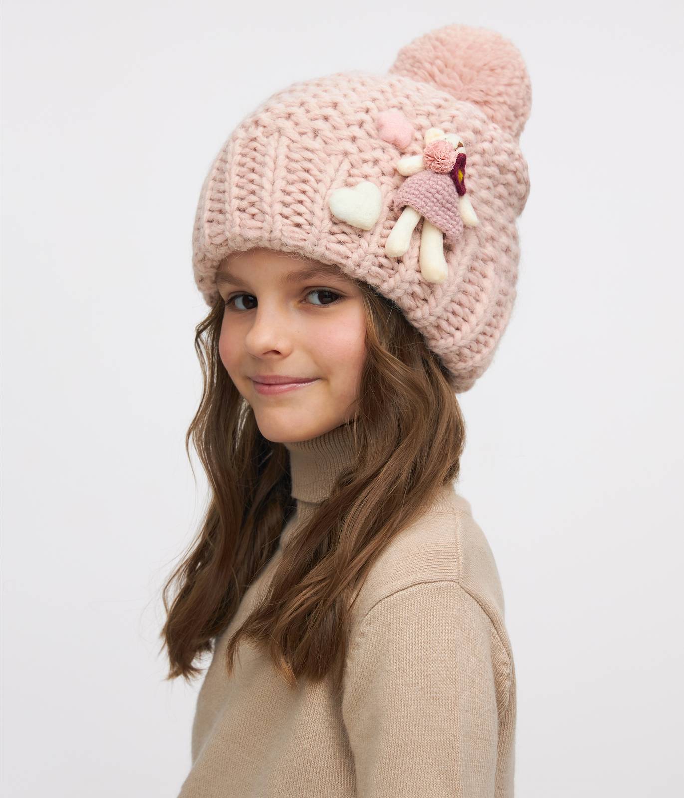 11277 Girls’ Warm Winter Hat with Pom-Pom & Knitted Doll Design – Baby Alpaca & Wool Blend | Sizes 3–5 Years | Cotton Lining