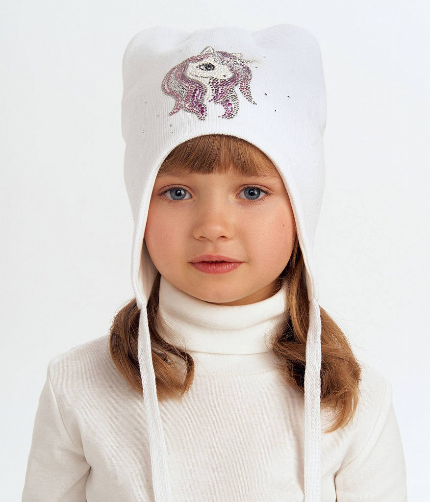 11714 White Knit Kids' Tie-Up Beanie with Ears – Rhinestone Unicorn | 100% Cotton (Knit & Lining) | Fall–Spring | Size 52–54 | Ages 3–5