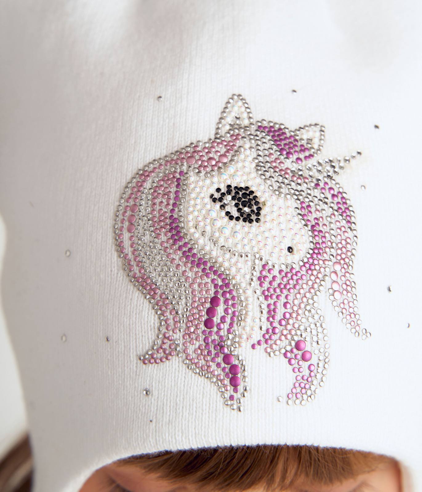 11714 White Knit Kids' Tie-Up Beanie with Ears – Rhinestone Unicorn | 100% Cotton (Knit & Lining) | Fall–Spring | Size 52–54 | Ages 3–5