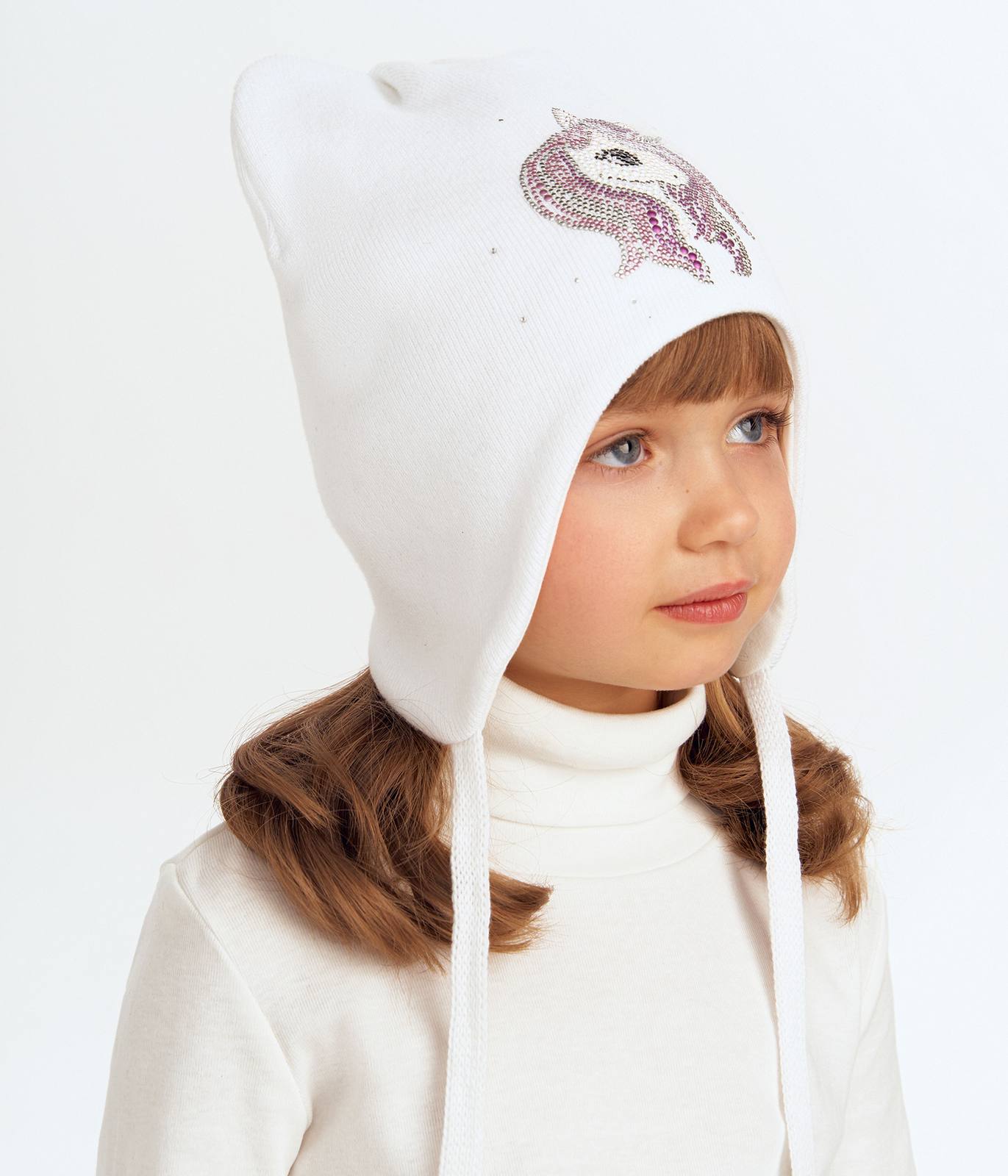 11714 White Knit Kids' Tie-Up Beanie with Ears – Rhinestone Unicorn | 100% Cotton (Knit & Lining) | Fall–Spring | Size 52–54 | Ages 3–5