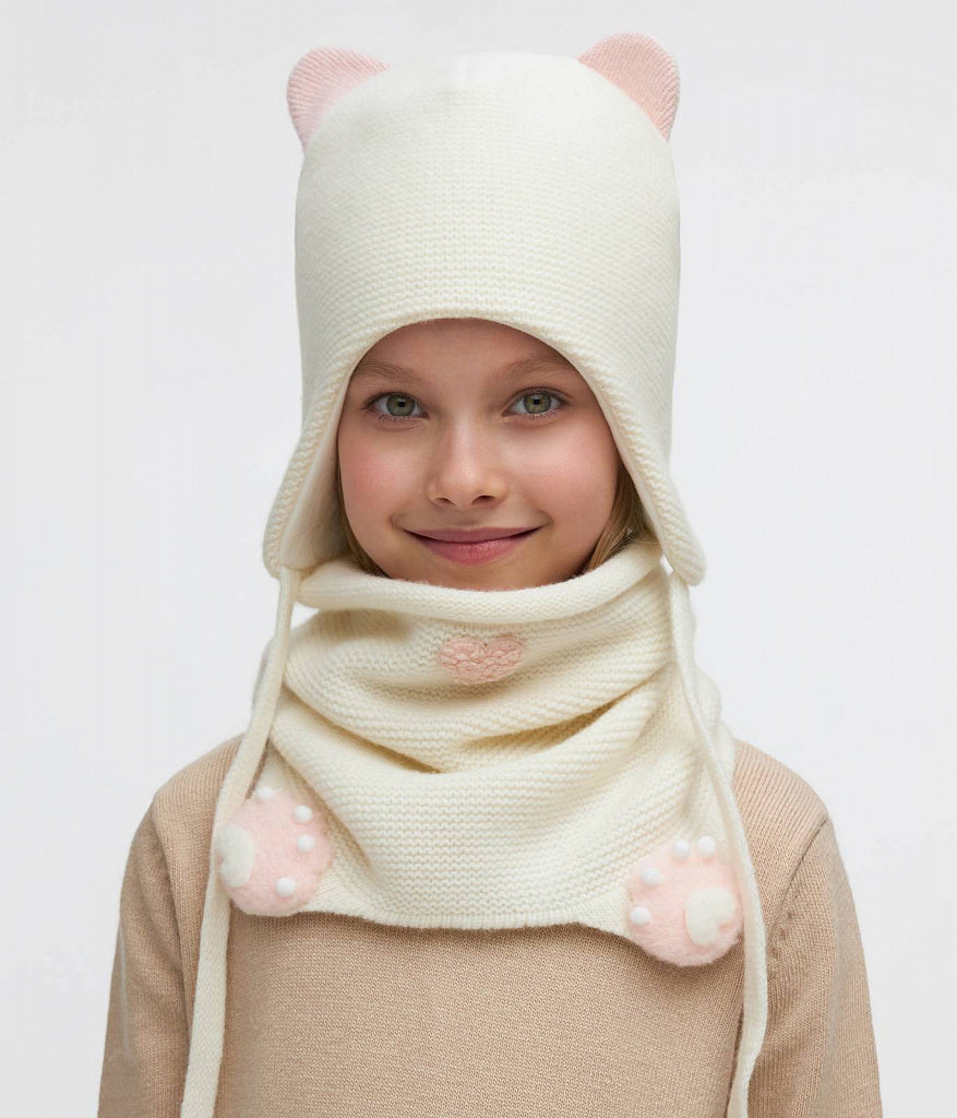 11461 Girls’ Winter Hat & Snood Set with Cute Ears and Paw Details – Cashmere & Wool Blend | Ages 3–5 Years (52–54 cm) | 100% Cotton Lining