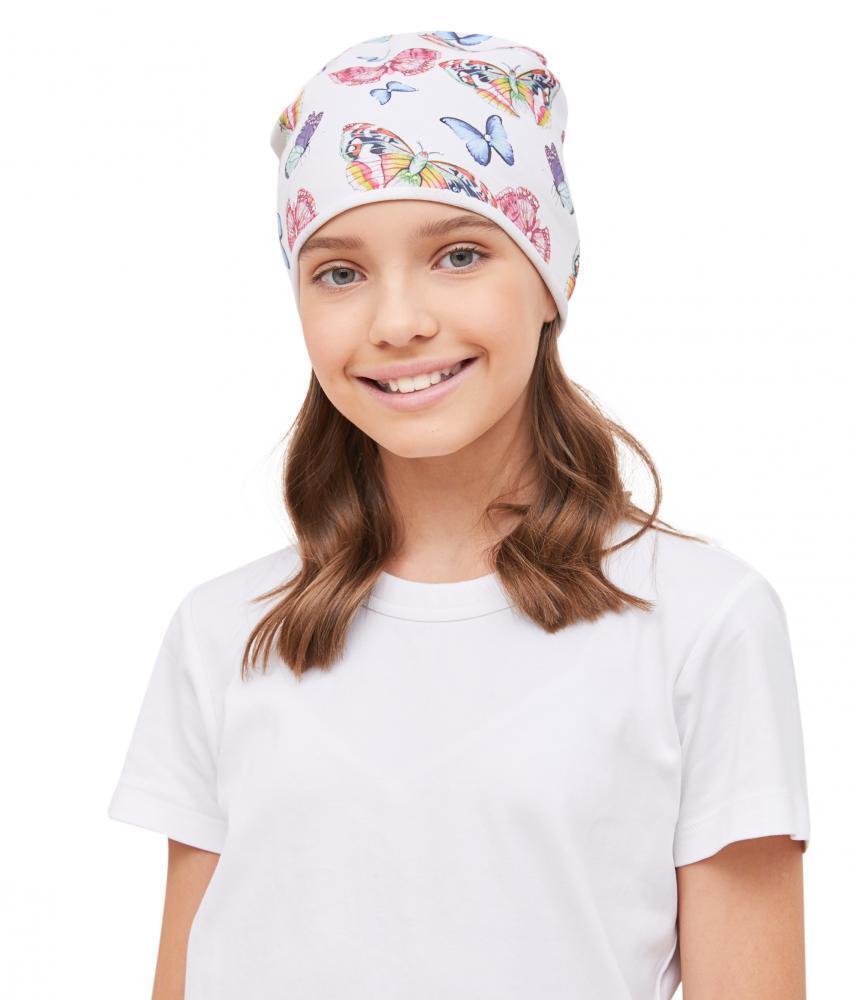 81134 Girls' White Beanie with Colorful Butterflies 🦋 Cotton Blend | Size 54–56 | Ages 6–12 | Spring & Summer
