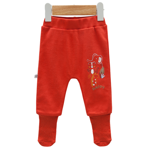 8213 Newborn Baby Boy Footed Pants with Knitted Bottom – Beige with "Happy" Animal Print | 100% Cotton | 0–6M | Turkey