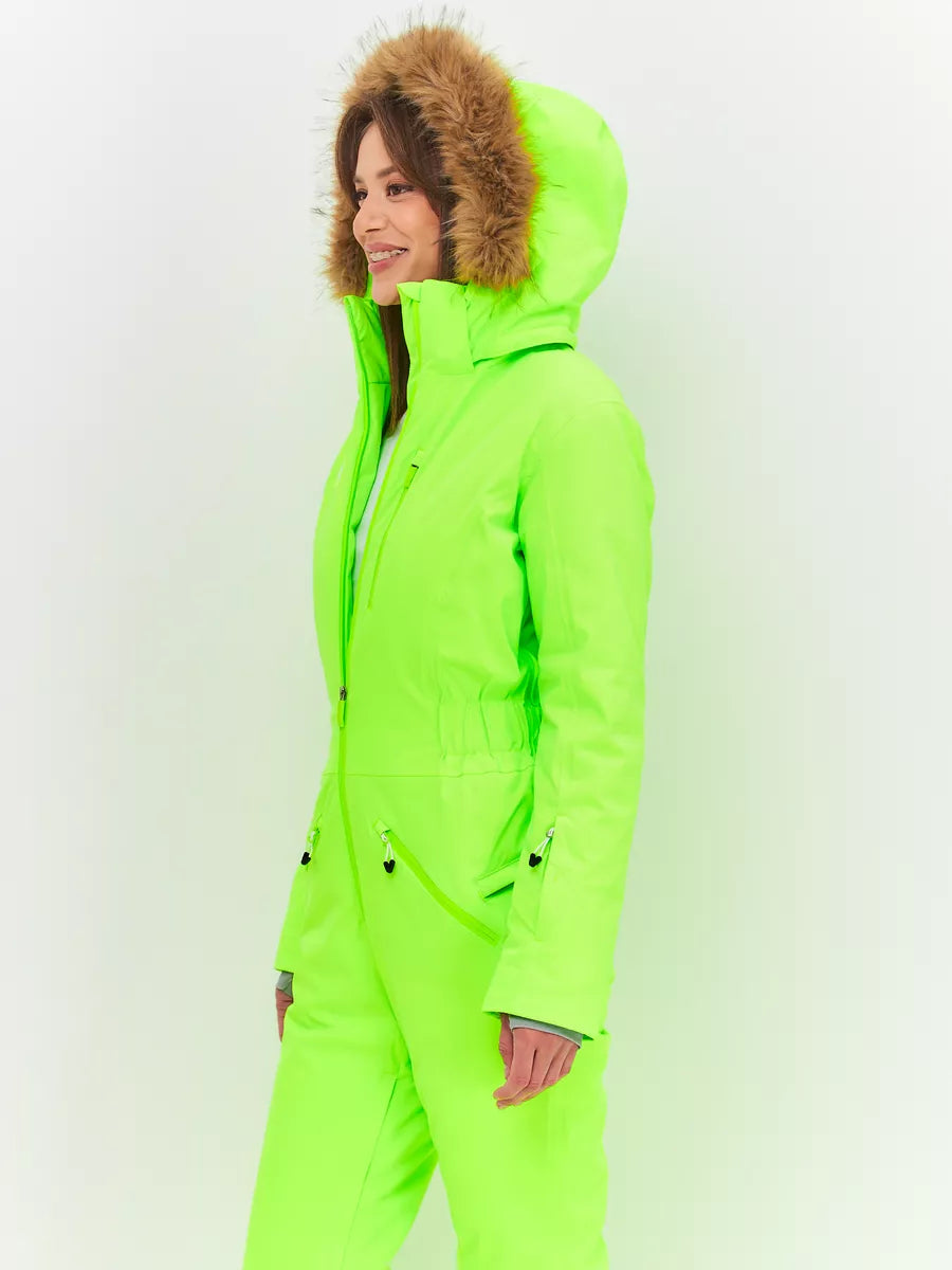184313618 WHSROMA | Professional Ski Jumpsuit for Tall Teen Girls & Women | Neon Green with Faux Fur Hood | For Sports & Family Winter Activities | Up to −30°C (−22°F)