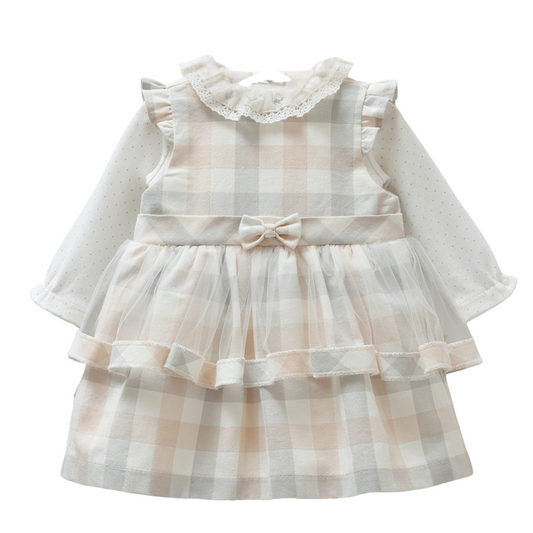 8548 Caramell Baby Girl 2-Piece Cotton Dress Set with Long-Sleeve Shirt – 0–12 Months | Made in Turkey | For Everyday Wear & Special Occasions