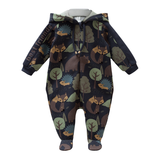 8248 Caramell Baby Boys’ Hooded Overall with Fleece Lining – Forest Print | 0–12 Months | Cotton | Turkey