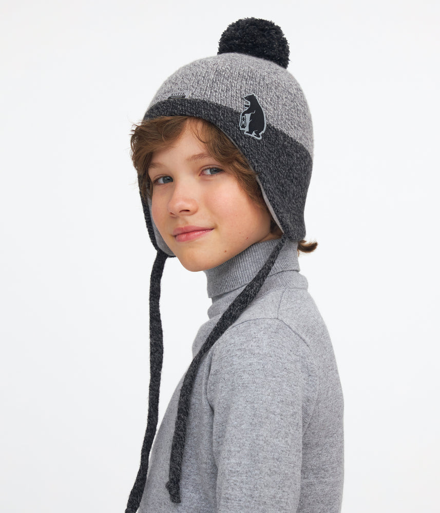 11127 Boys’ Knitted Winter Hat with Bear Patch & Pom-Pom – Wool Blend | Size 54–56 | Ages 6–12 Years
