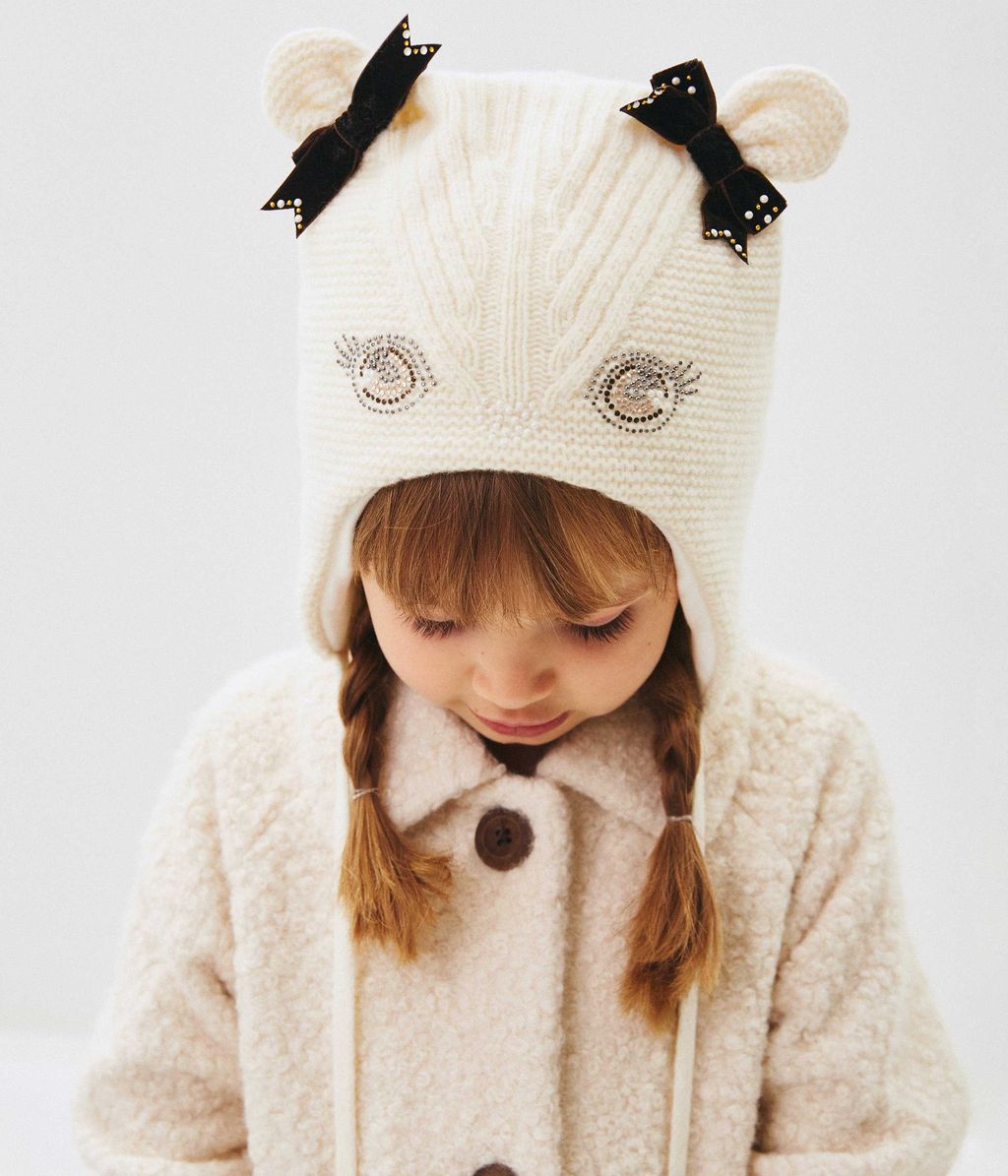 80139 Girls’ Warm Winter Hat with Ears, Tie Strings & Face Design with Bows | 18–36 Months | Cashmere Wool Blend, Cotton Lining