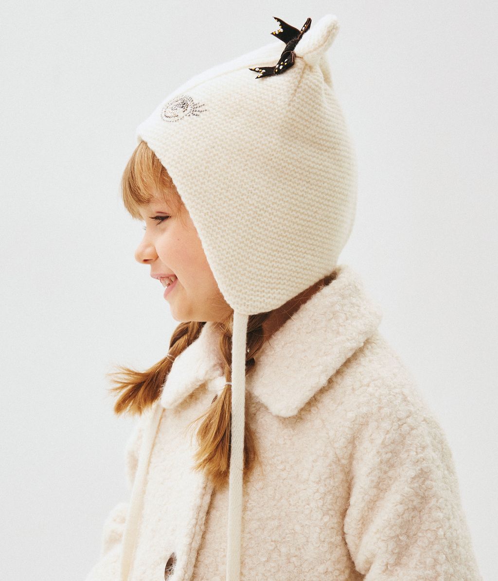 80139 Girls’ Warm Winter Hat with Ears, Tie Strings & Face Design with Bows | 18–36 Months | Cashmere Wool Blend, Cotton Lining
