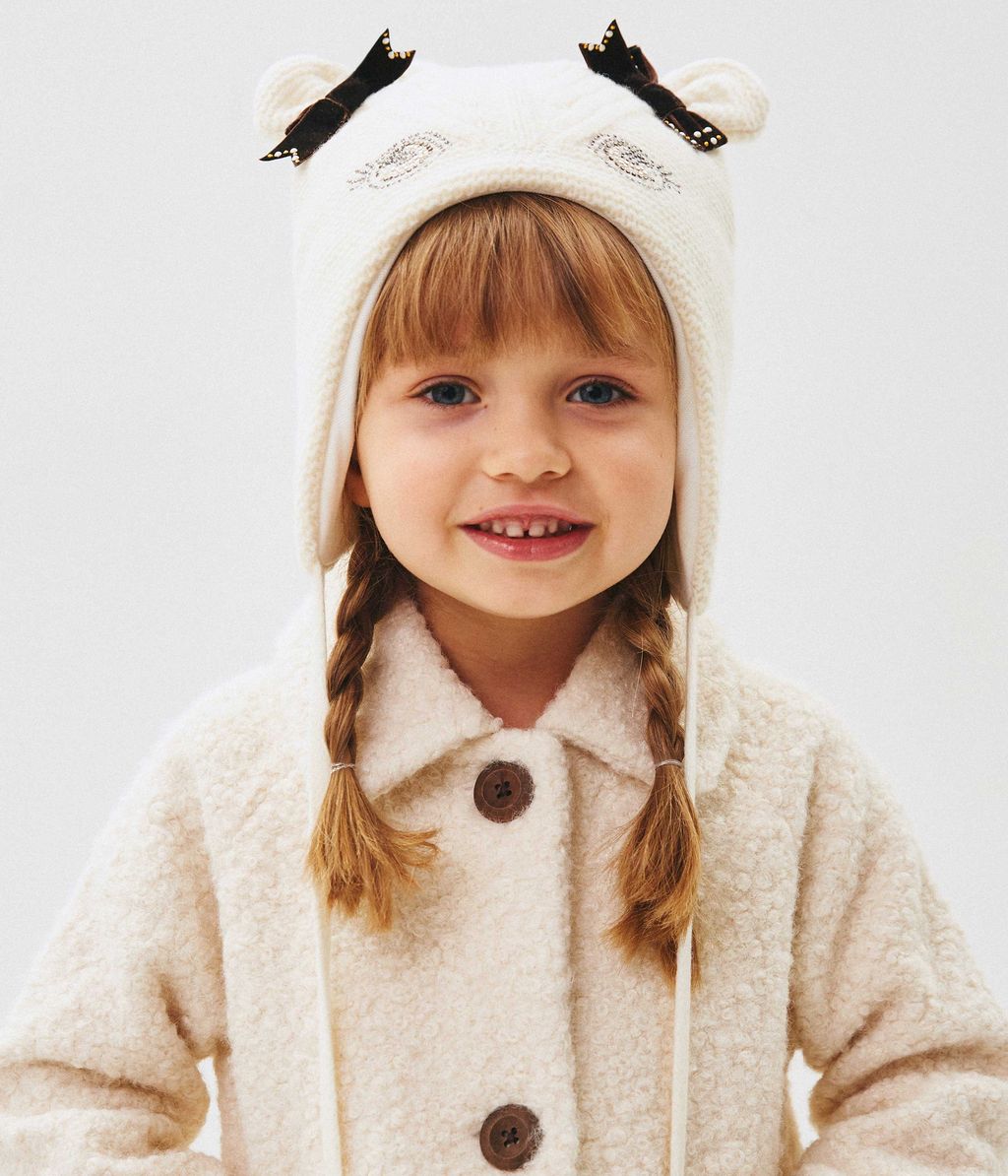 80139 Girls’ Warm Winter Hat with Ears, Tie Strings & Face Design with Bows | 18–36 Months | Cashmere Wool Blend, Cotton Lining