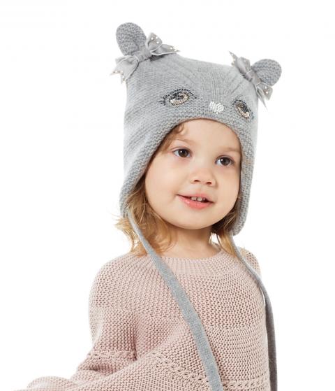 80139 Girls’ Warm Winter Hat with Ears, Tie Strings & Face Design with Bows | 18–36 Months | Cashmere Wool Blend, Cotton Lining