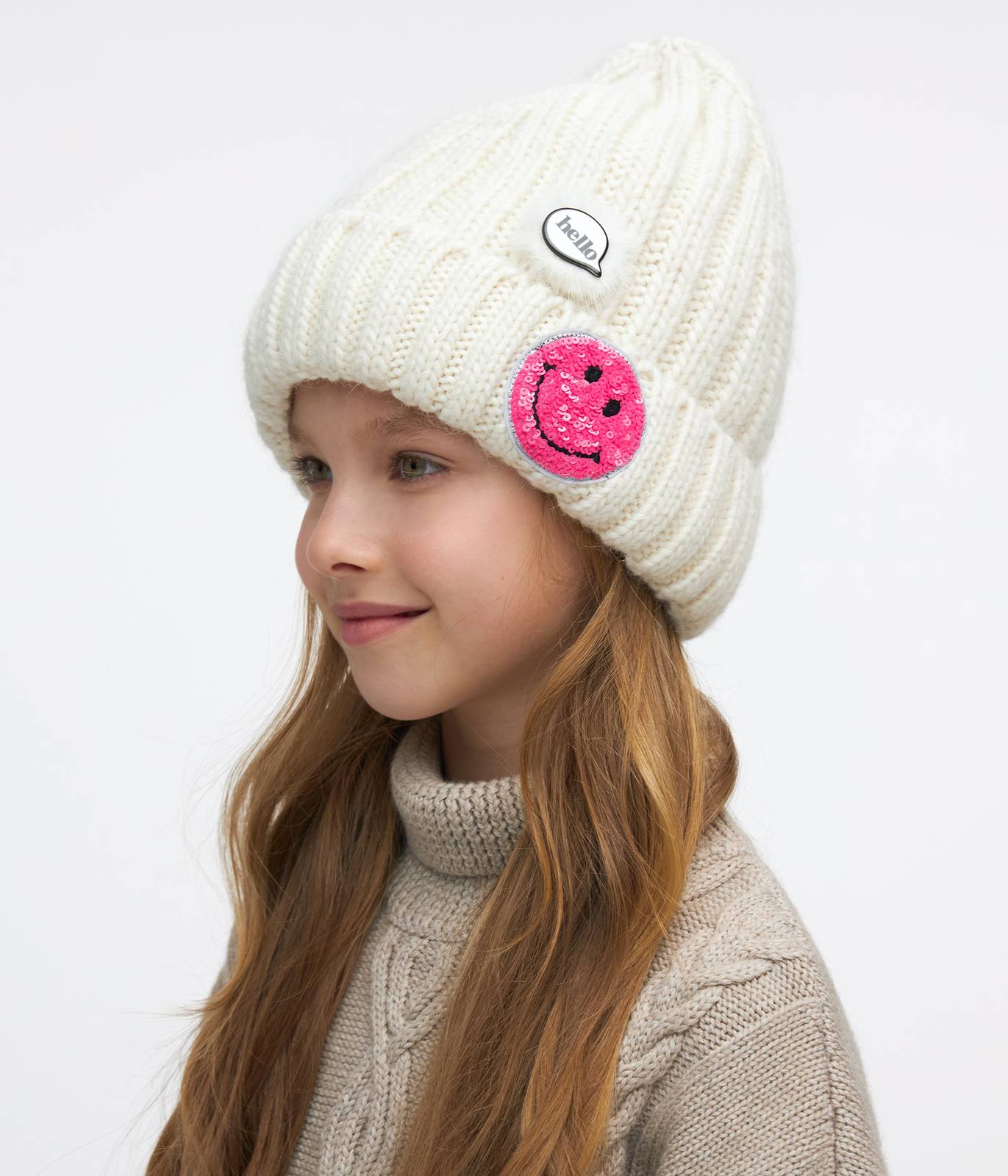 11283 Girls’ Knitted Winter Hat with Sequin Smiley Patch | Size 54–56 cm | Ages 6–12 | 100% Cotton Lining | Baby Alpaca, Wool
