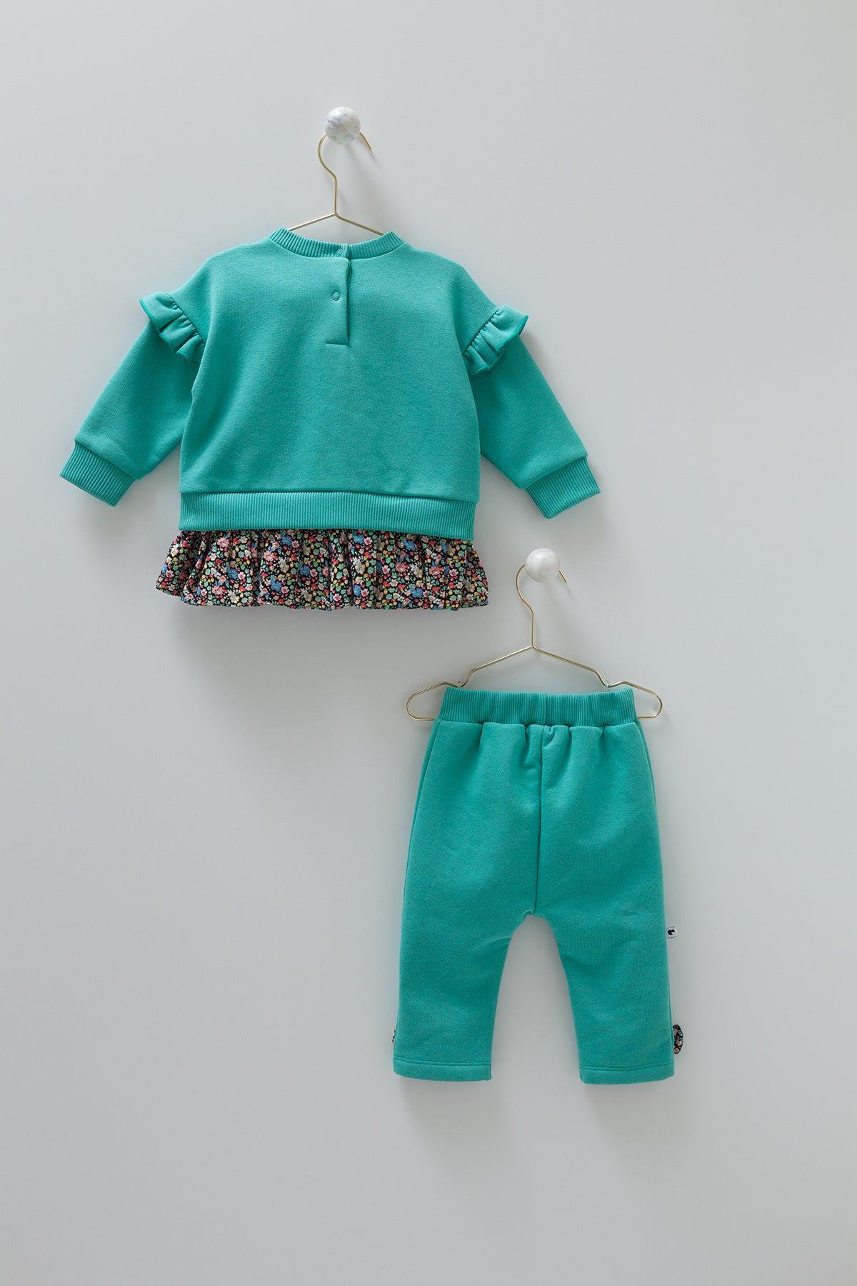 8196 Girls' Fleece-Lined 2-Piece Outfit – Layered Look Floral Top & Stitched Crease Pants | 100% Cotton | 3-9 Months | Fall | Turkey