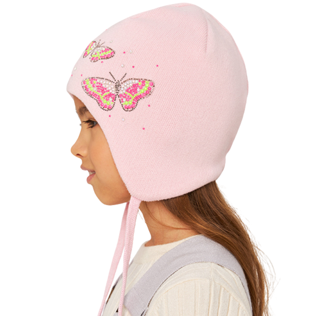 10829 Girls’ Cotton Tie Hat – Pink Butterfly Rhinestone Design | 100% Cotton Inside & Out | Size 50-52  / 18-36 Months | Lightweight Spring/Fall Beanie with Ties