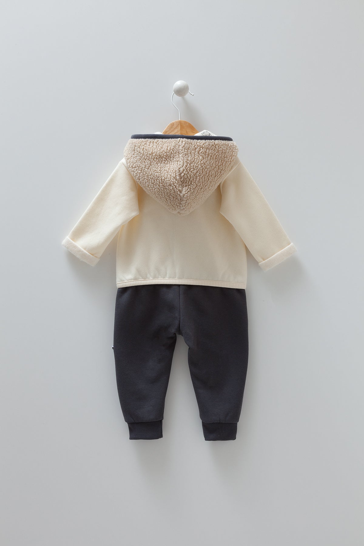 8230 Caramell Baby Boy Beige  Hooded Jumpsuit with Fleece Lining – Cotton | Sizes 3–18 Months | Spring/Fall | Made in Turkey