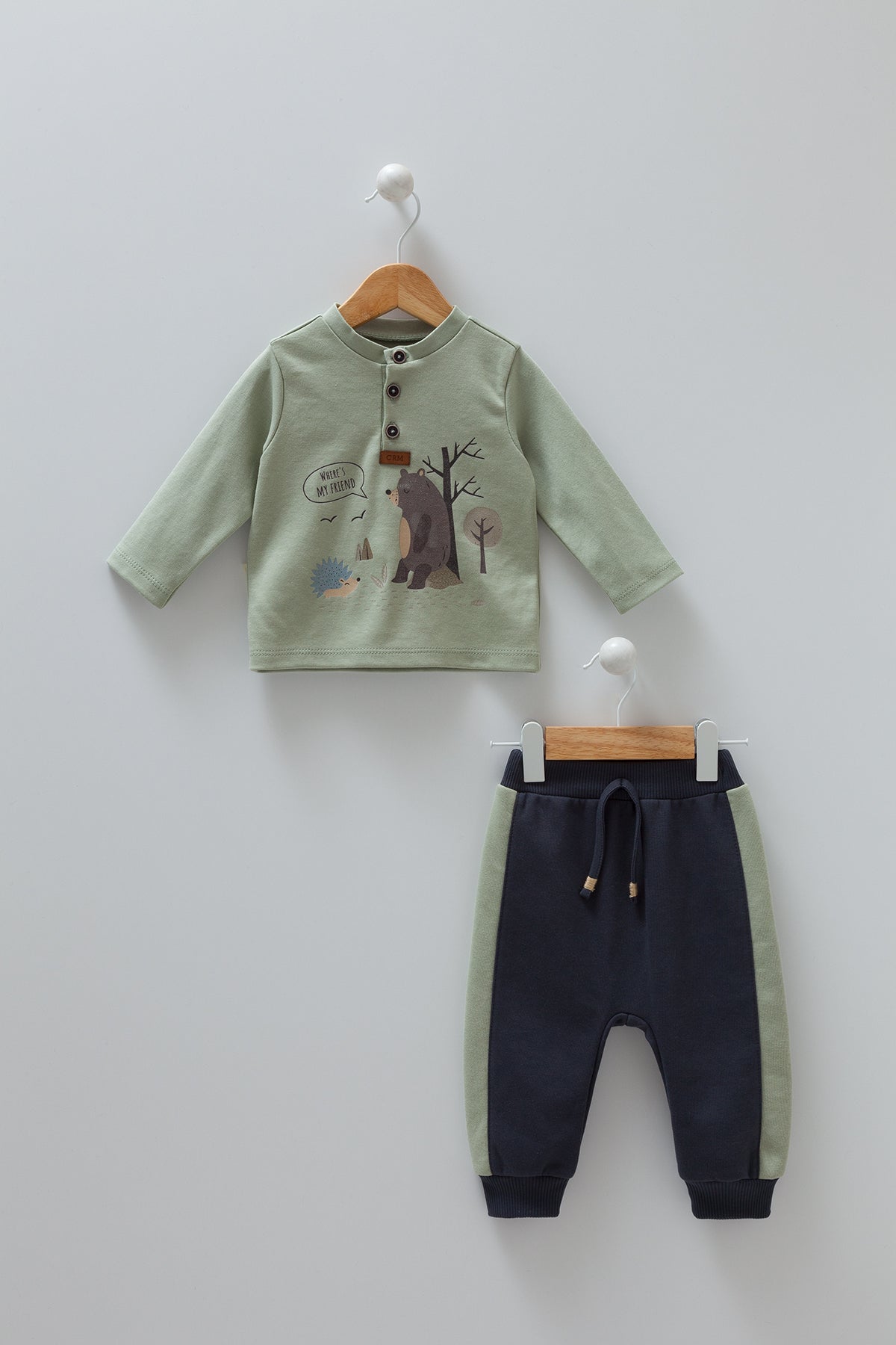 8251 Caramell Baby Boys’ 3-Piece Set – Forest Print Vest (with fleece lining), Long Sleeve Top & Pants (with fleece lining) | 3–18 Months | Cotton | Turkey