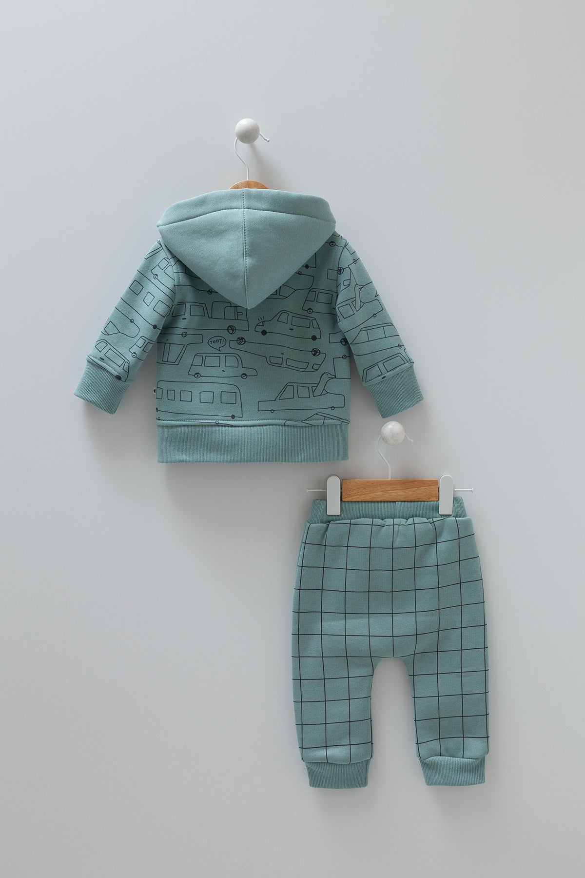 8263 Caramell Baby Boy Green 3-Piece Fleece-Lined Set – Pants, T-Shirt & Zip-Up Hoodie with Hood | Cotton | Sizes 3–18 Months | Made in Turkey