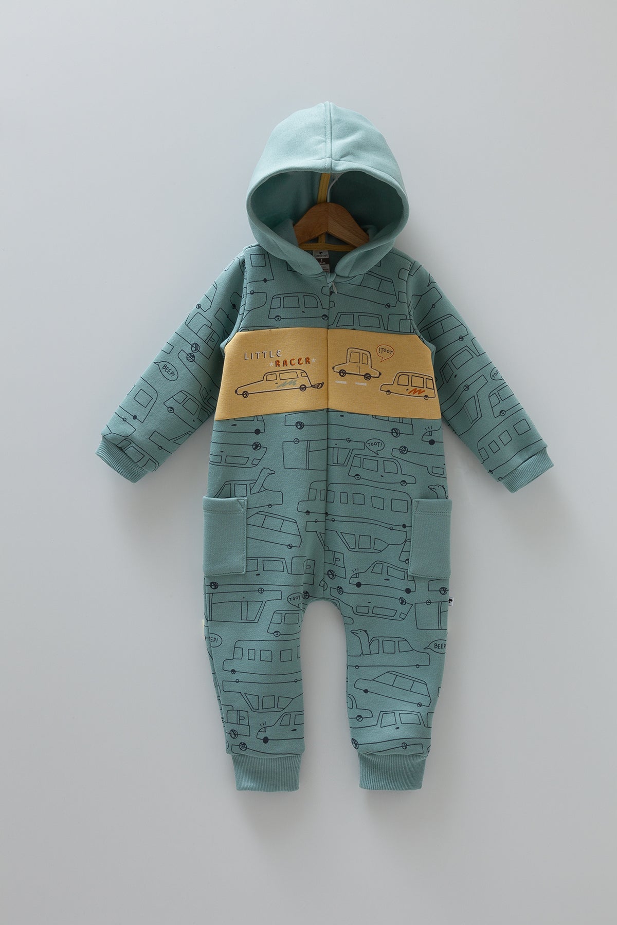 8264 Caramell Baby Boy Zip-Up Cotton Jumpsuit with Car Print & Fleece Lining | Sizes 3–18 Months | Made in Turkey