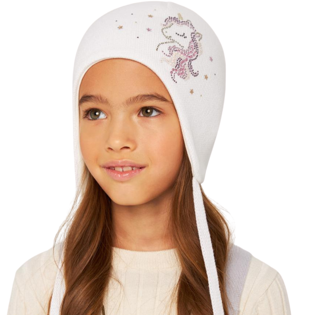 10831 Girls’ Cotton Knit Hat with Ties – Unicorn & Star Rhinestone Design | Size 50-52  / 18-36 Months | Spring/Fall Lightweight Beanie
