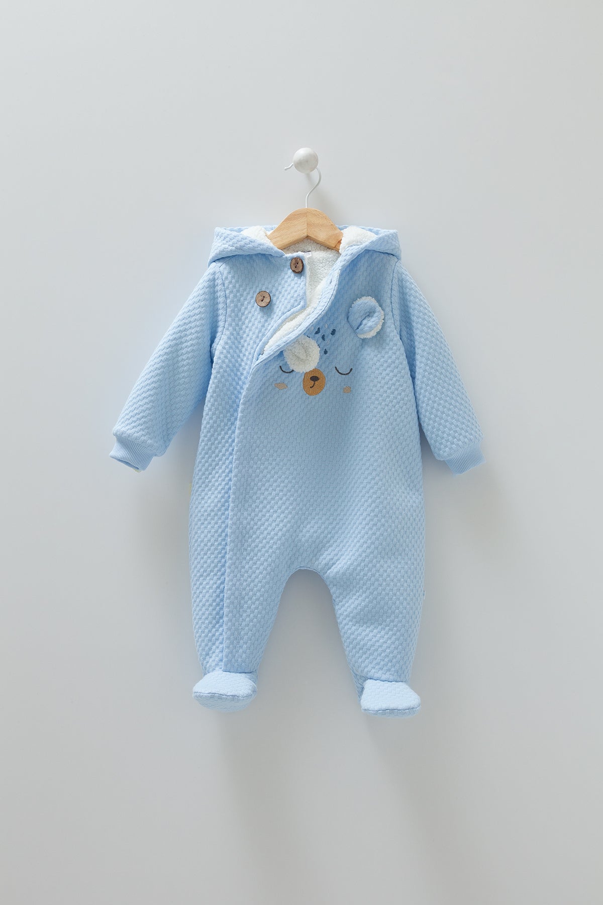 8347 Plush Baby Boy Warm Hooded Jumpsuit – Blue with Cute Bear Design | Cotton, Plush Lining | Sizes 3–18 Months | Made in Turkey