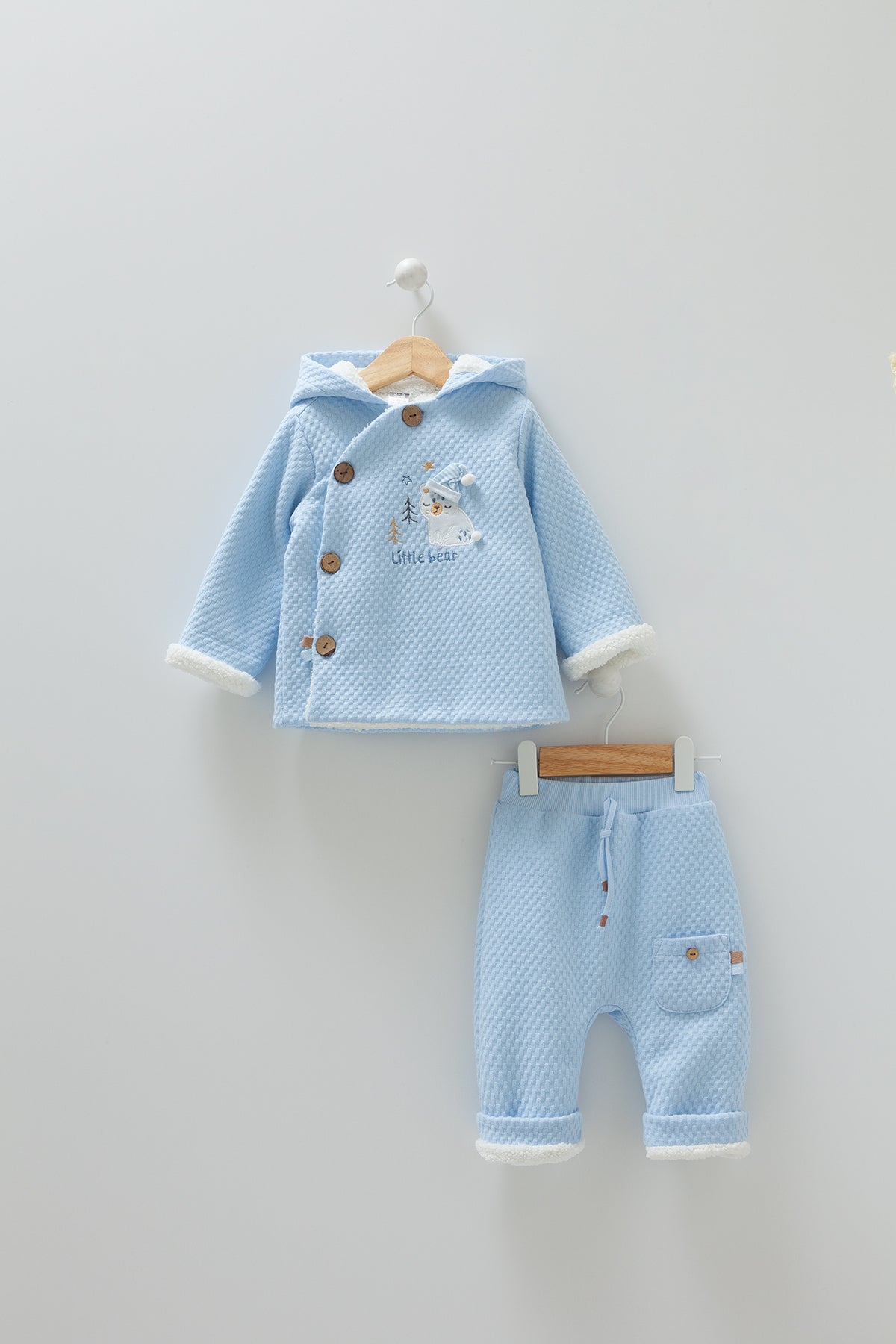 8348 Caramell Baby Boy Plush Blue 2-Piece Set – Hooded Jacket with Ears & Pants | Sizes 3–18 Months | Made in Turkey