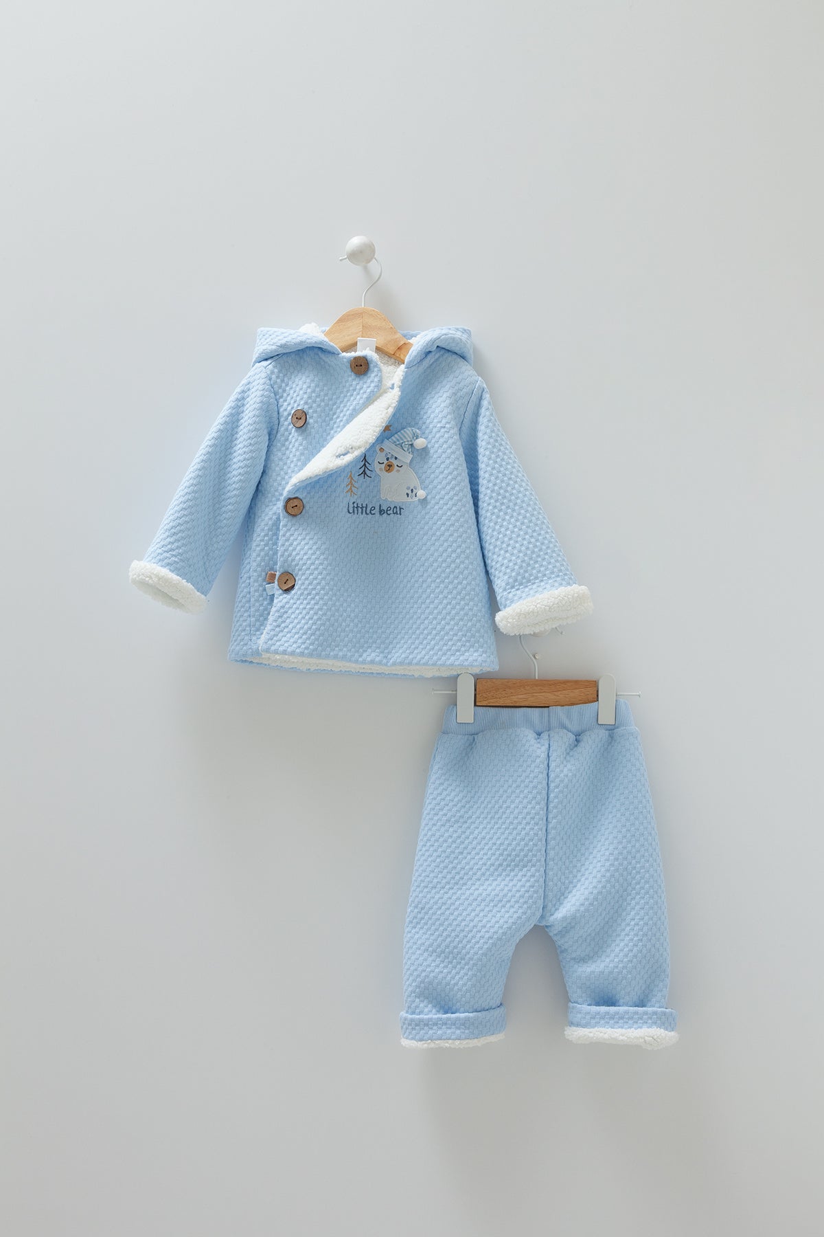 8348 Caramell Baby Boy Plush Blue 2-Piece Set – Hooded Jacket with Ears & Pants | Sizes 3–18 Months | Made in Turkey
